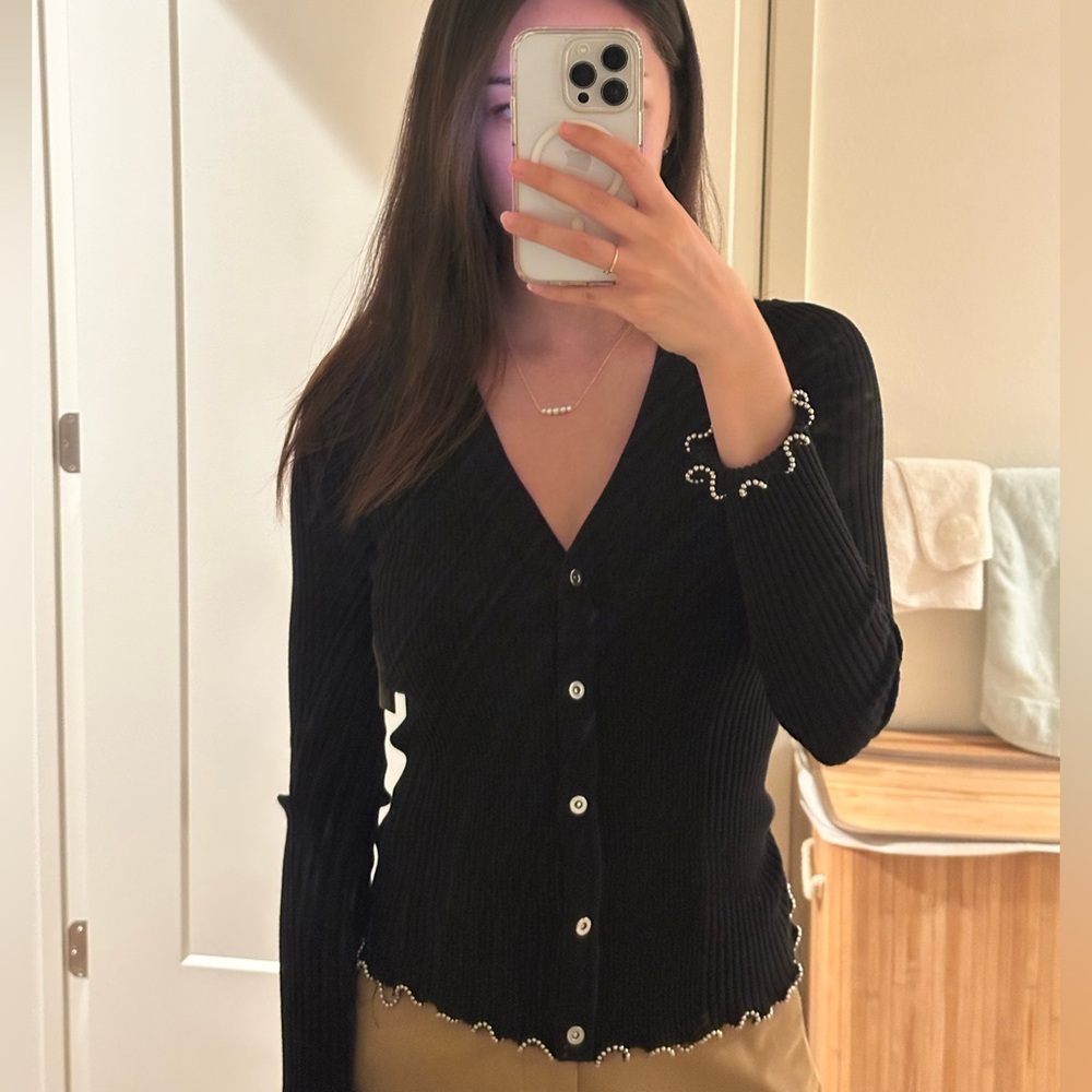 Alexander Wang Button Up Sweater with Ball Chain Ruffle Sleeve in Size XS